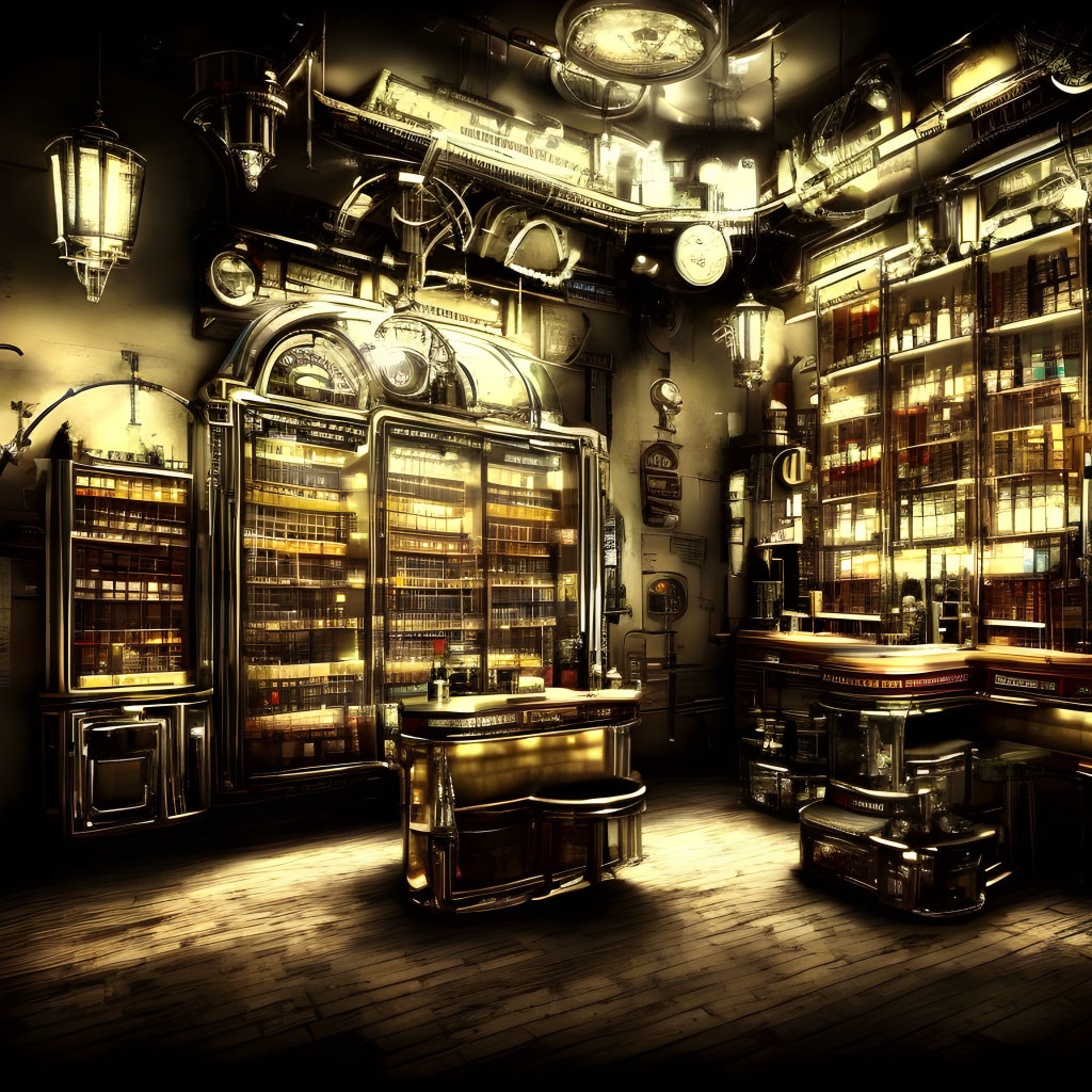 Vintage-style library with high shelves, books, and golden ambiance