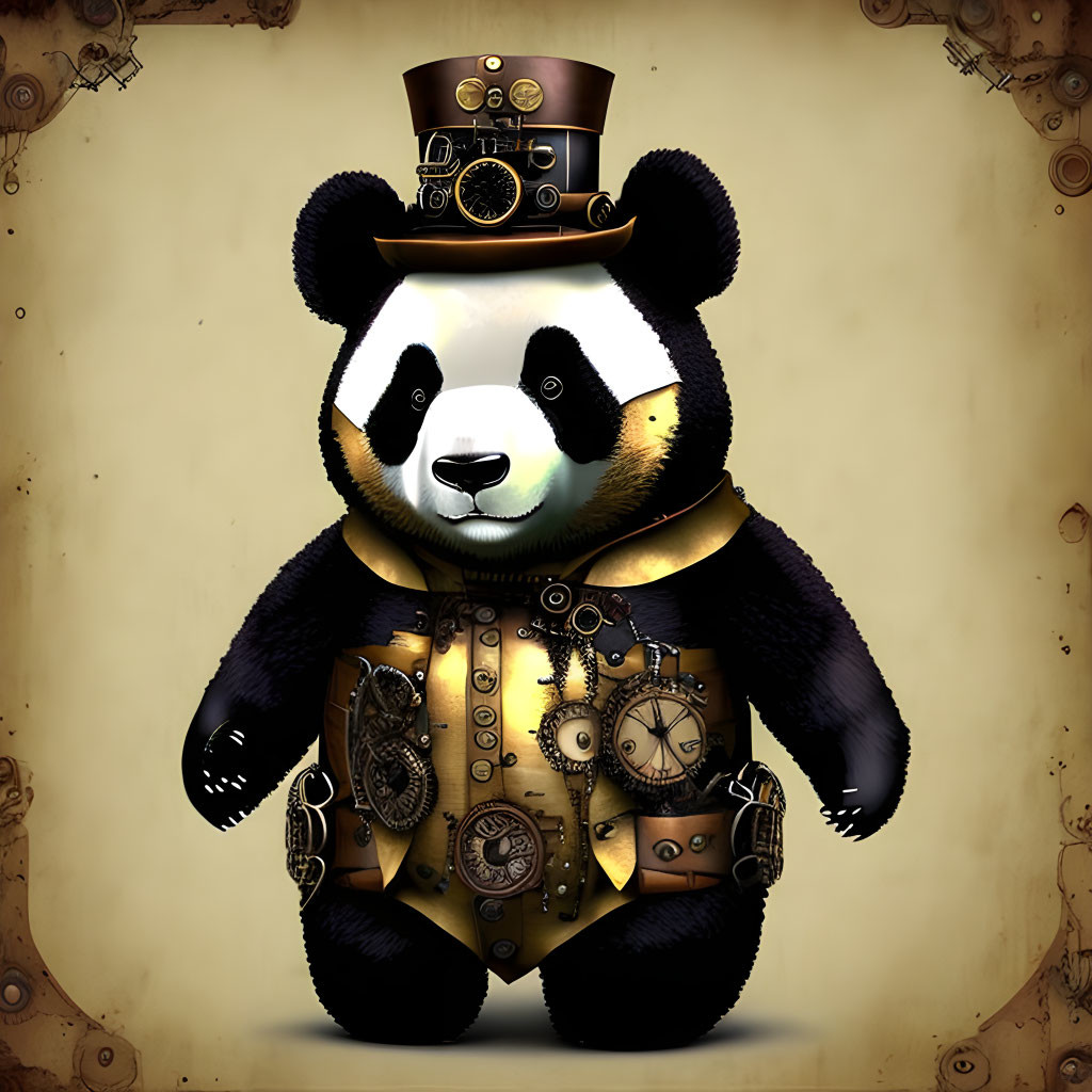 Steampunk panda illustration with top hat, goggles, and mechanical vest.