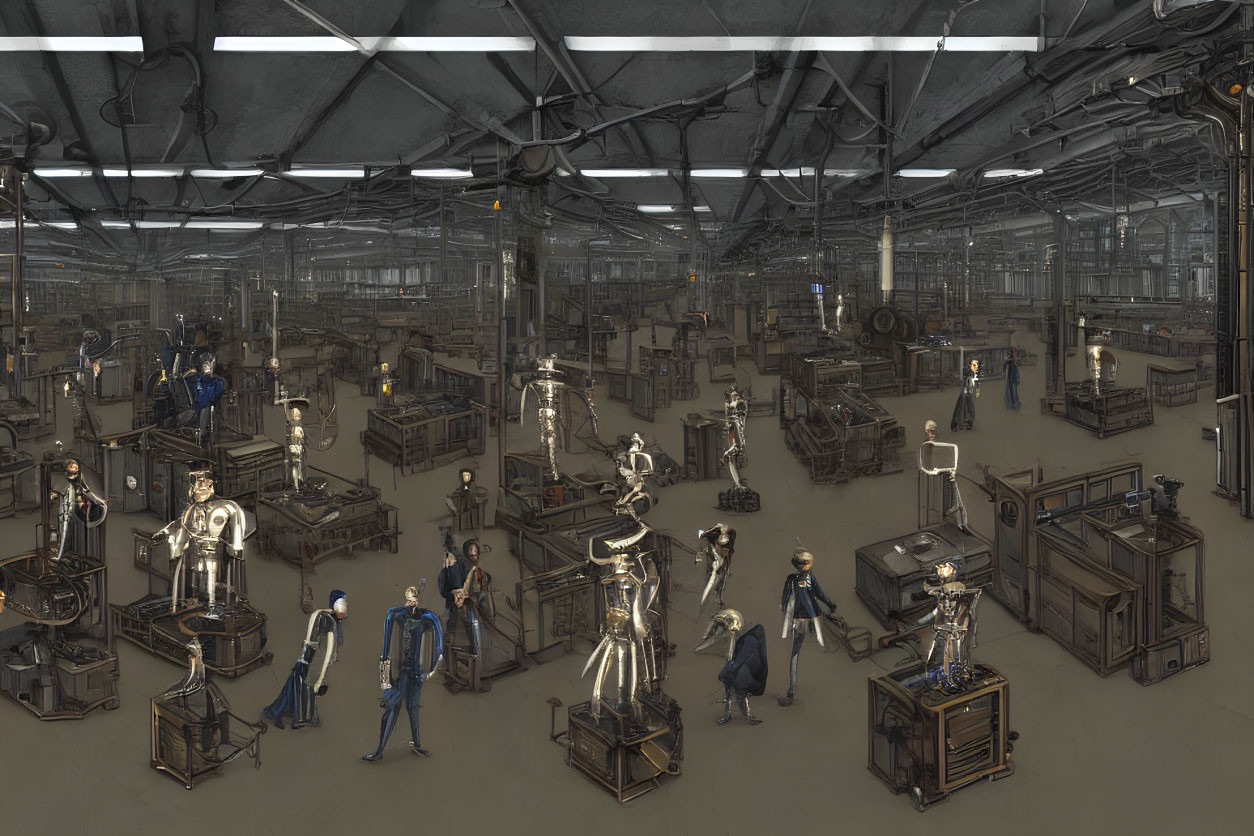 Large Industrial Warehouse with Humanoid Robots and Humans Working Together