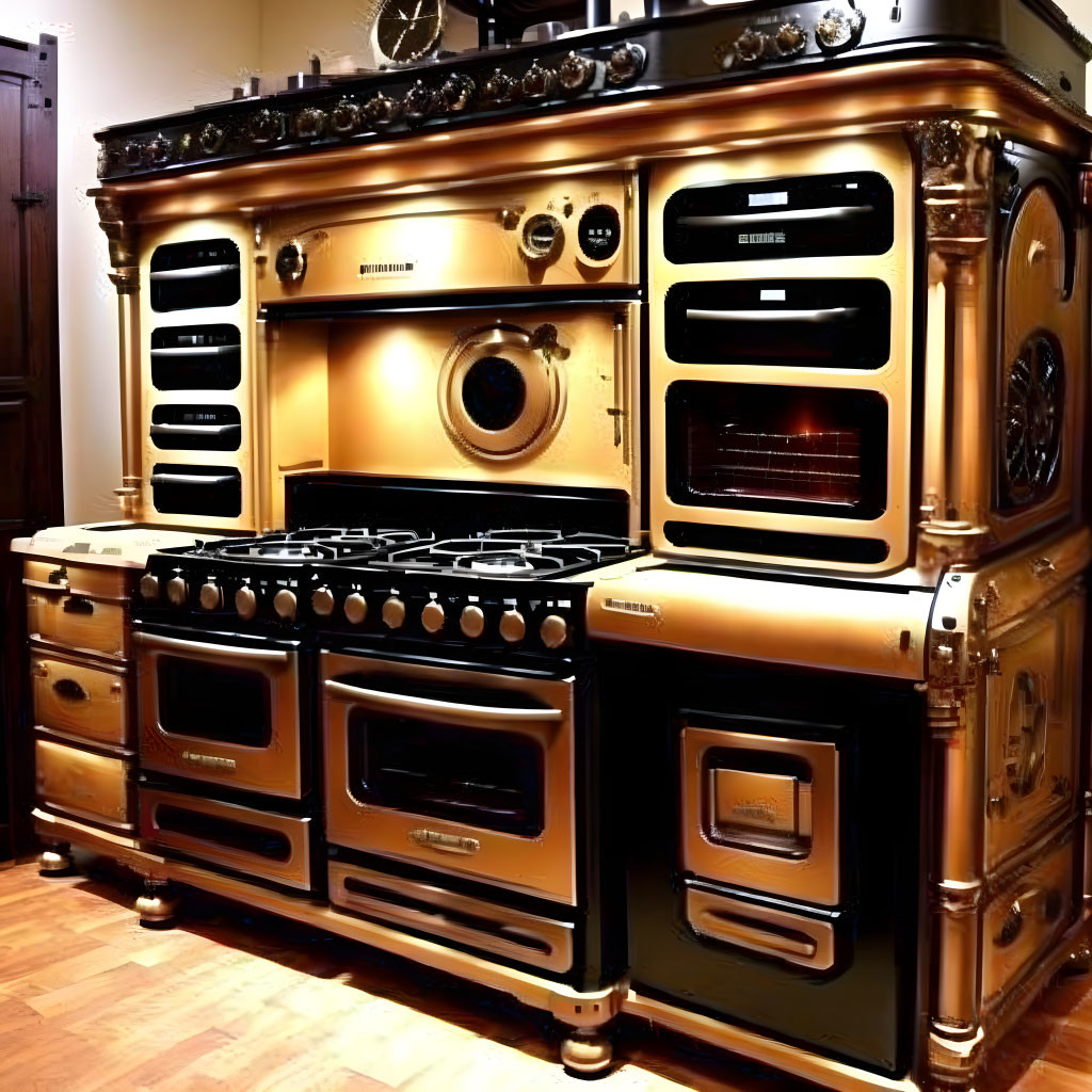 Luxury Vintage-Style Kitchen Range with Multiple Ovens and Brass Accents