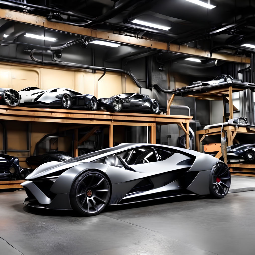 Luxury sports cars showcased in organized modern garage