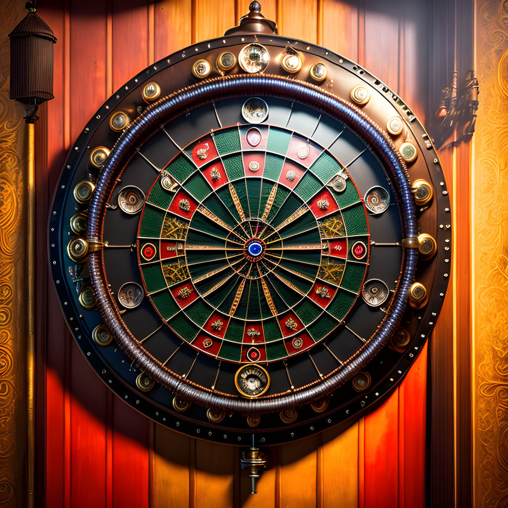 Colorful spinning wheel game on red and gold background with warm lighting