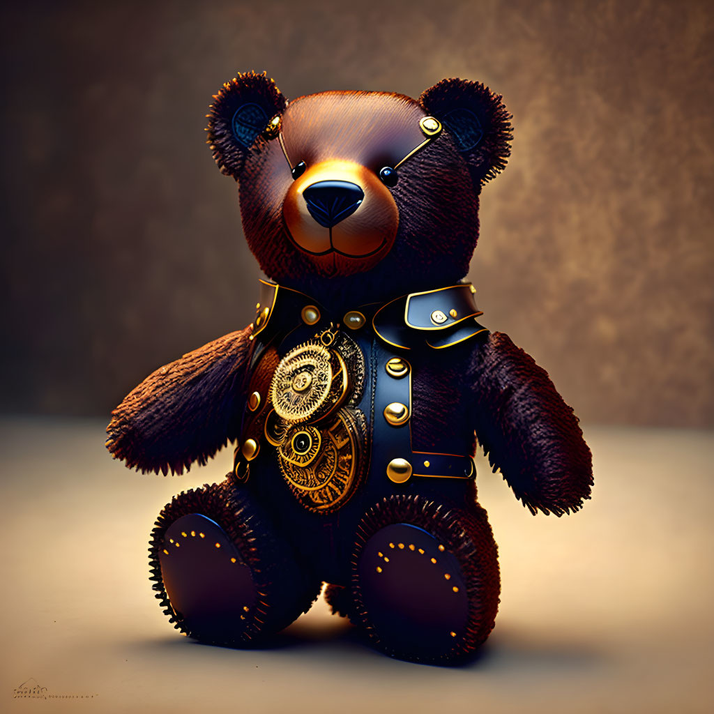 Steampunk-style Teddy Bear with Dark Brown Body and Mechanical Gears