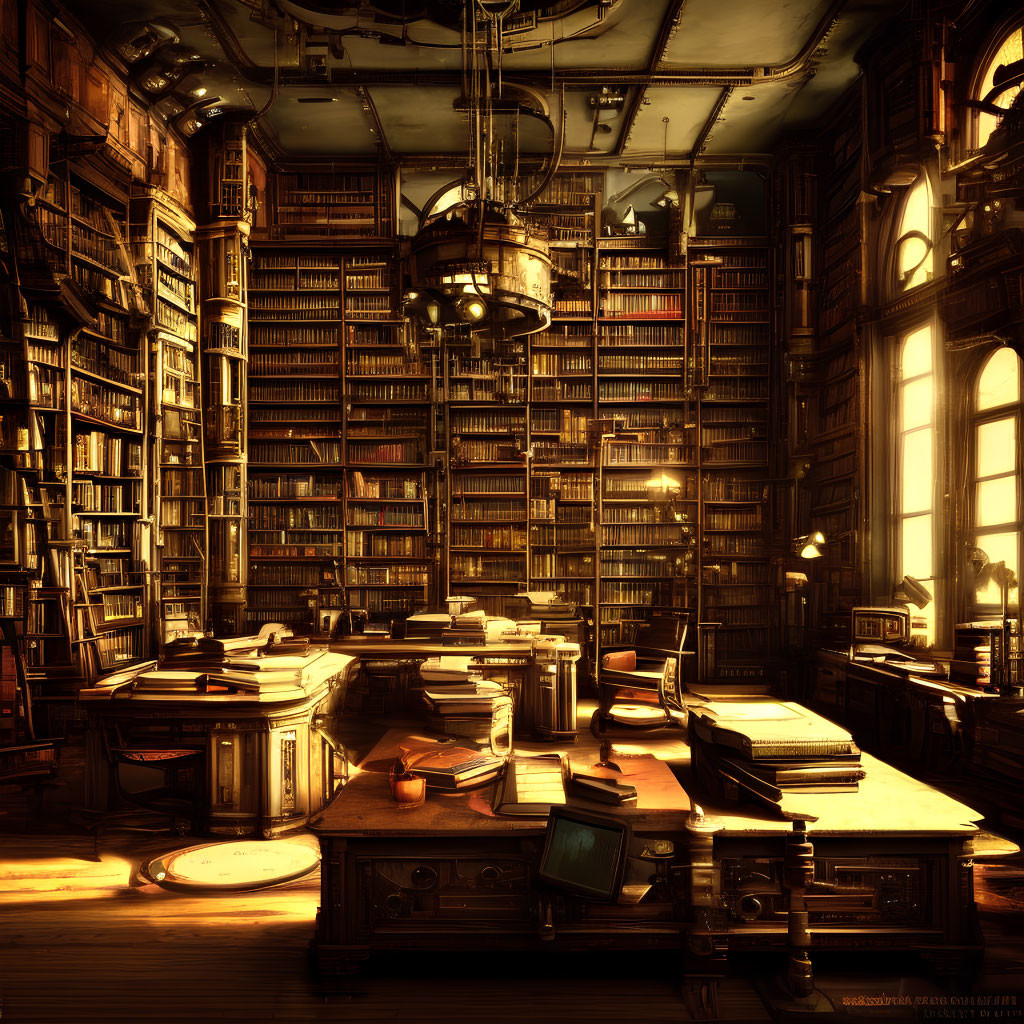 Vintage library with wooden bookshelves, chandelier, sunlight, and cluttered desks