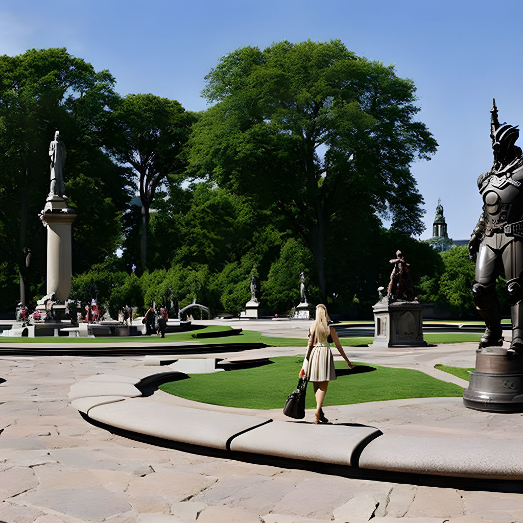 Woman walking in green park with sculptures and trees under clear sky