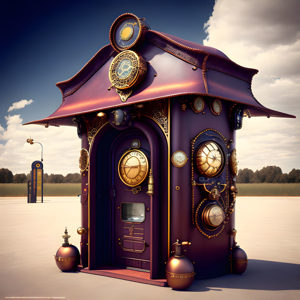 Steampunk-inspired outhouse with ornate gears and brass telescope in serene field.