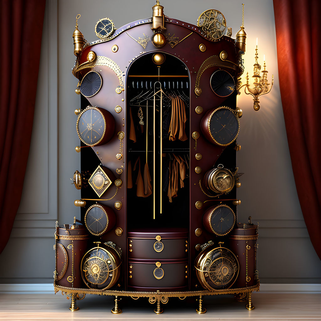 Intricate Steampunk-Inspired Wardrobe with Clock Elements