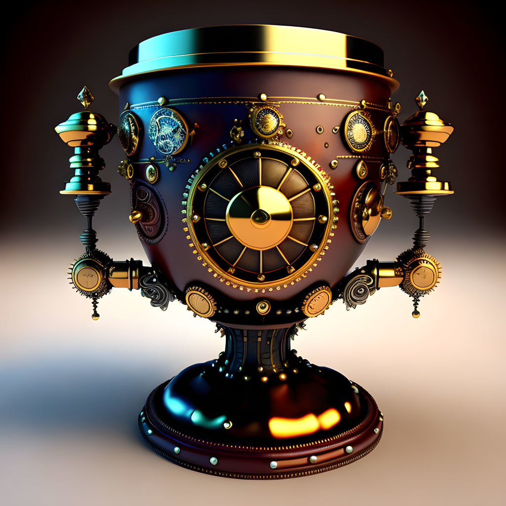 Steampunk-style chalice with gold and brass gears on soft-lit background