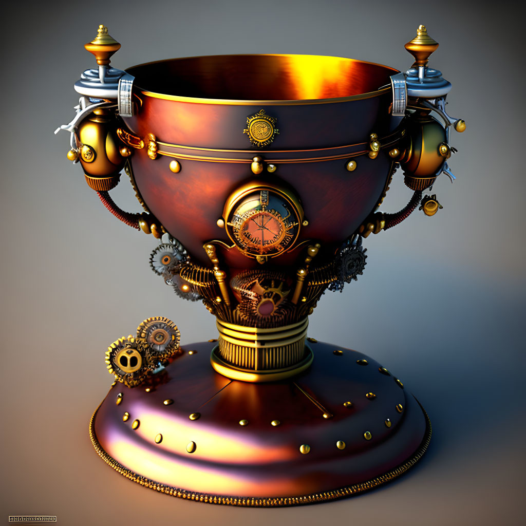 Steampunk-style trophy with gears, cogs, pipes, and compass on warm backlit background