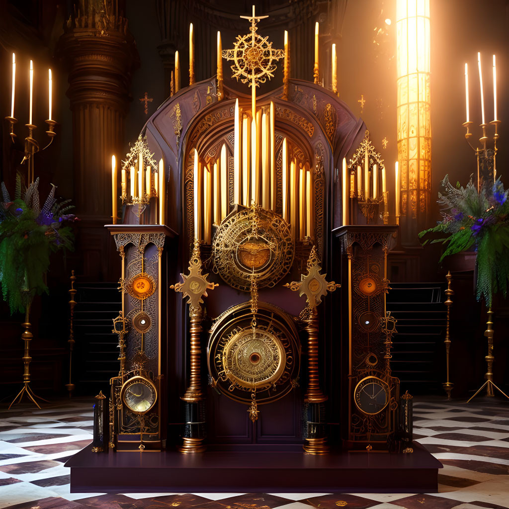 Gothic-inspired altar with glowing candles and gold detailing