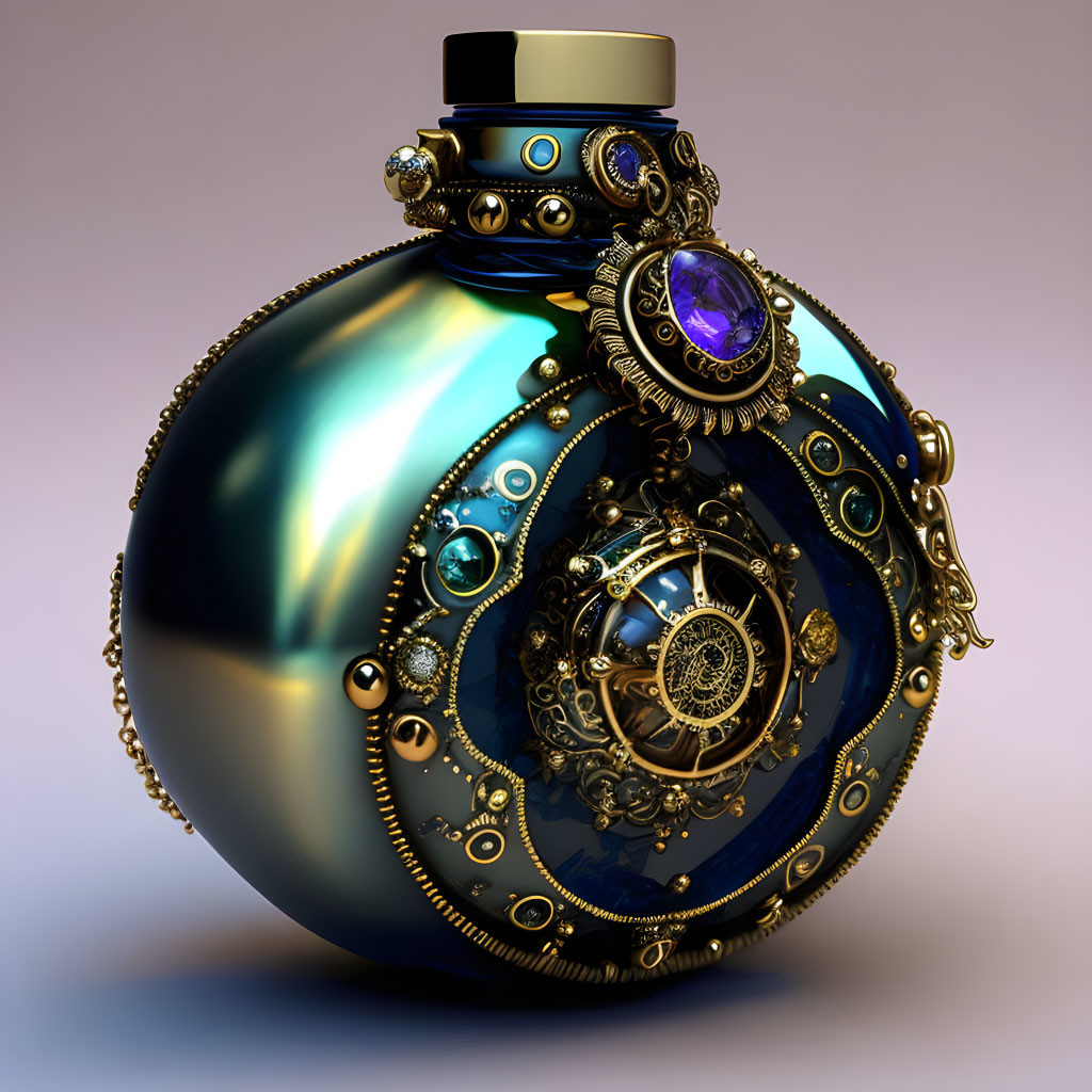 Luxurious Steampunk Flask with Gold Details and Gemstones on Purple Gradient Background