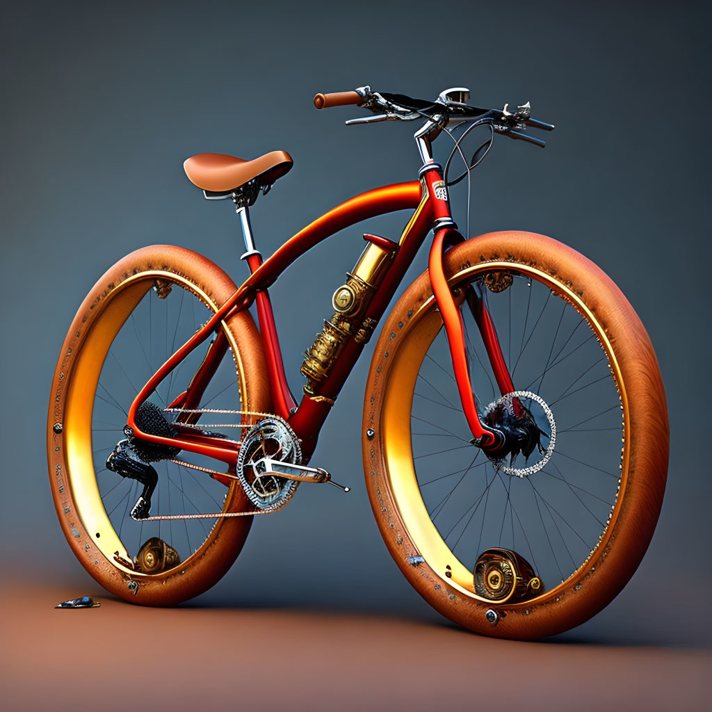 Red Bicycle with Brown Tires and Golden Shock Absorber on Blue-Gray Background