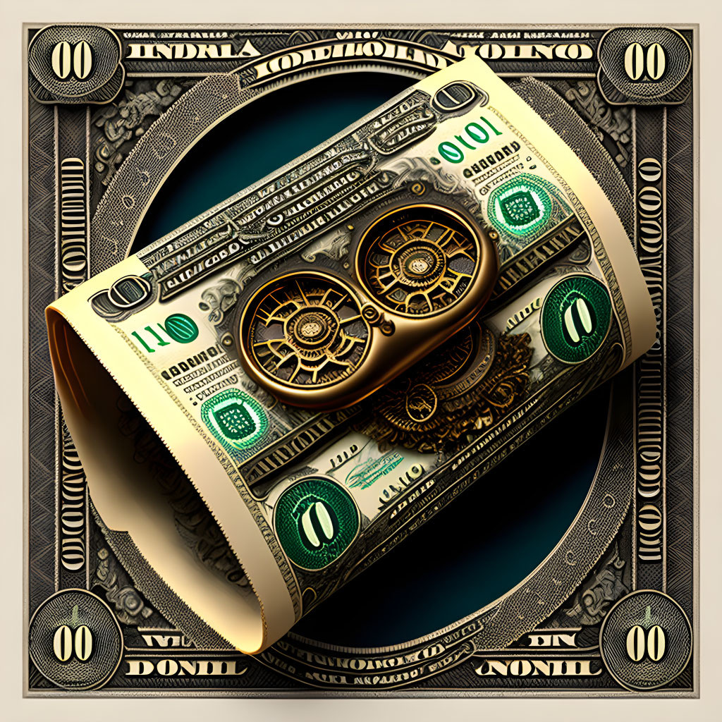 Ornate steampunk gears on rolled-up hundred-dollar bill