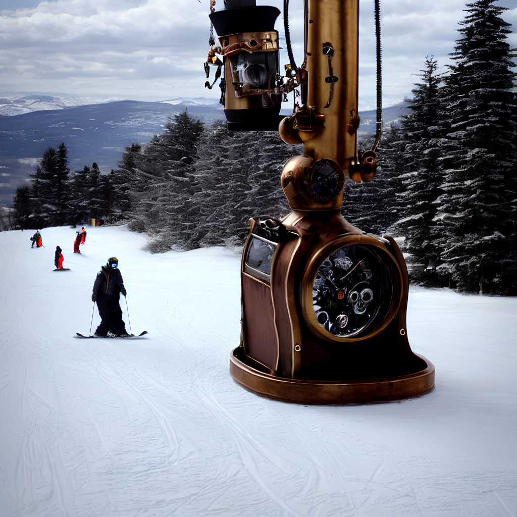 Steampunk-style ski lift above snowy slope with skiers.