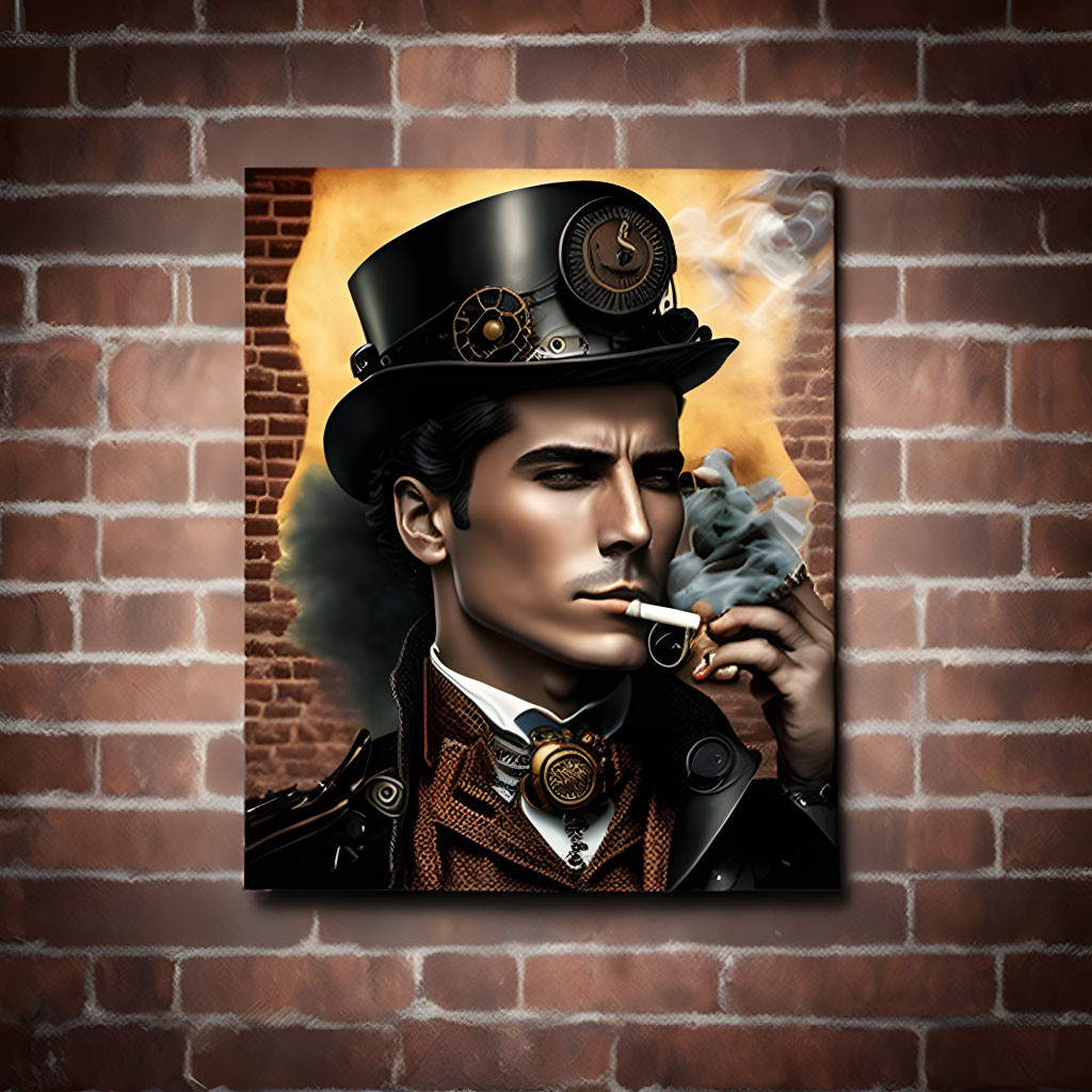 Steampunk-themed digital art of man in top hat and goggles smoking pipe