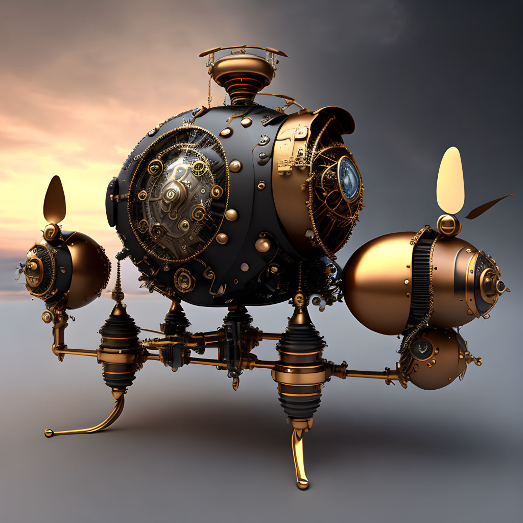 Steampunk-style spherical mechanical contraption with intricate gears and propellers on dusky sky.