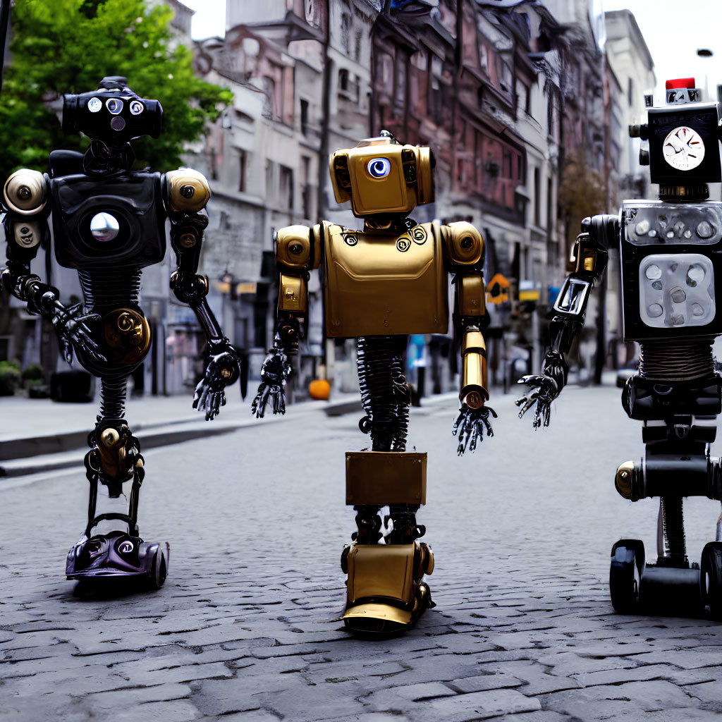 Three Unique Robots Standing on Urban Cobblestone Street