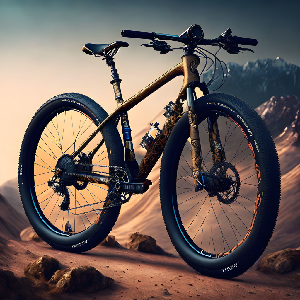 Gold and Black Mountain Bike on Desert Terrain with Blue-Rimmed Tires