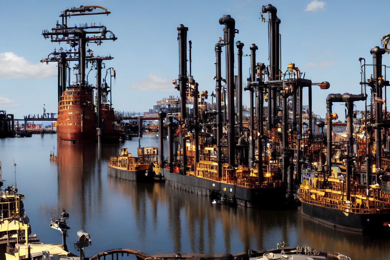 Busy industrial port with cargo ships, cranes, and machinery under clear sky