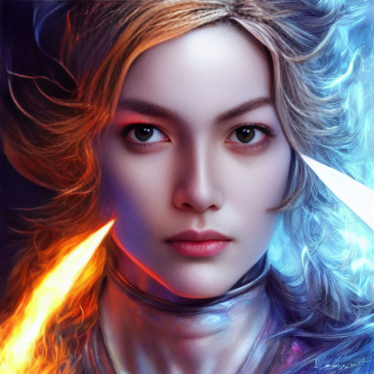 Digital artwork of woman with fire and ice theme: fiery orange and cool blue elements in hair and around