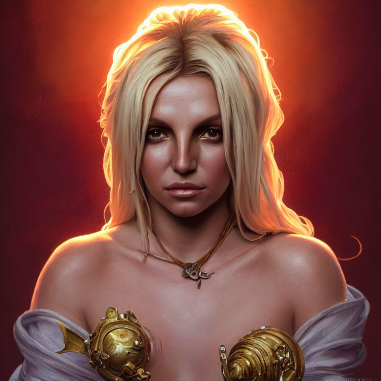 Blonde woman in golden armor and white dress portrait.