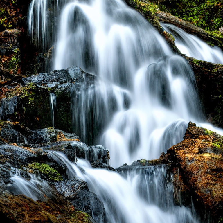 Tranquil Long Exposure Waterfall Over Mossy Rocks