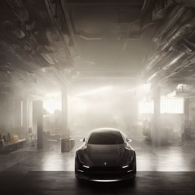 Black Car Parked in Sunlit Industrial Warehouse with Beams of Light