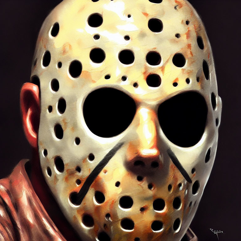 Detailed Close-Up Illustration of Person in Hockey Mask with Holes on White and Rust Background