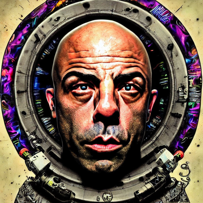 Stylized bald man with intense gaze in vibrant mechanical frame