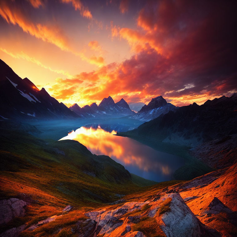 Tranquil mountain lake at sunset with vibrant orange and blue skies reflected on water