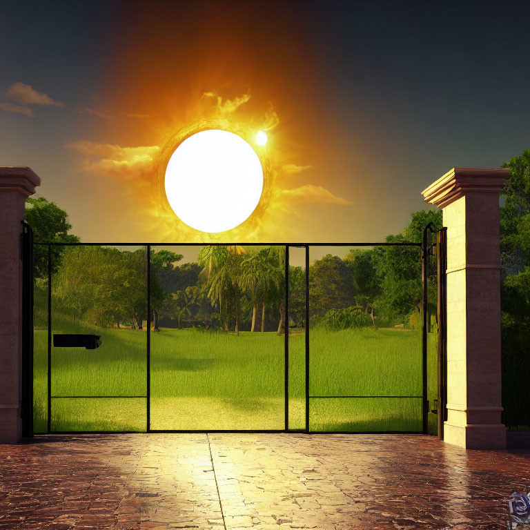 Vivid sunset behind open gate in lush green landscape