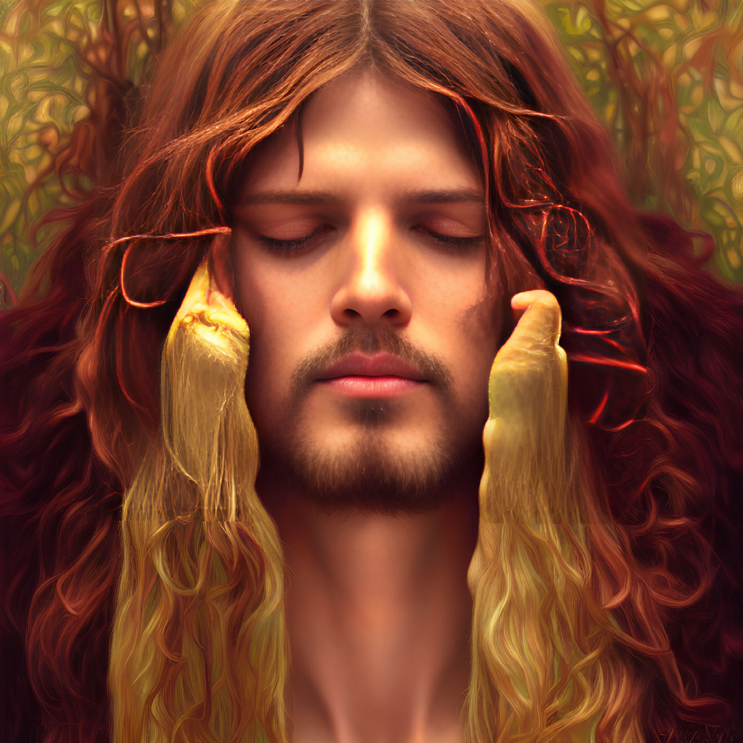 Person with flowing hair and serene expression in portrait with golden hands, warm amber background