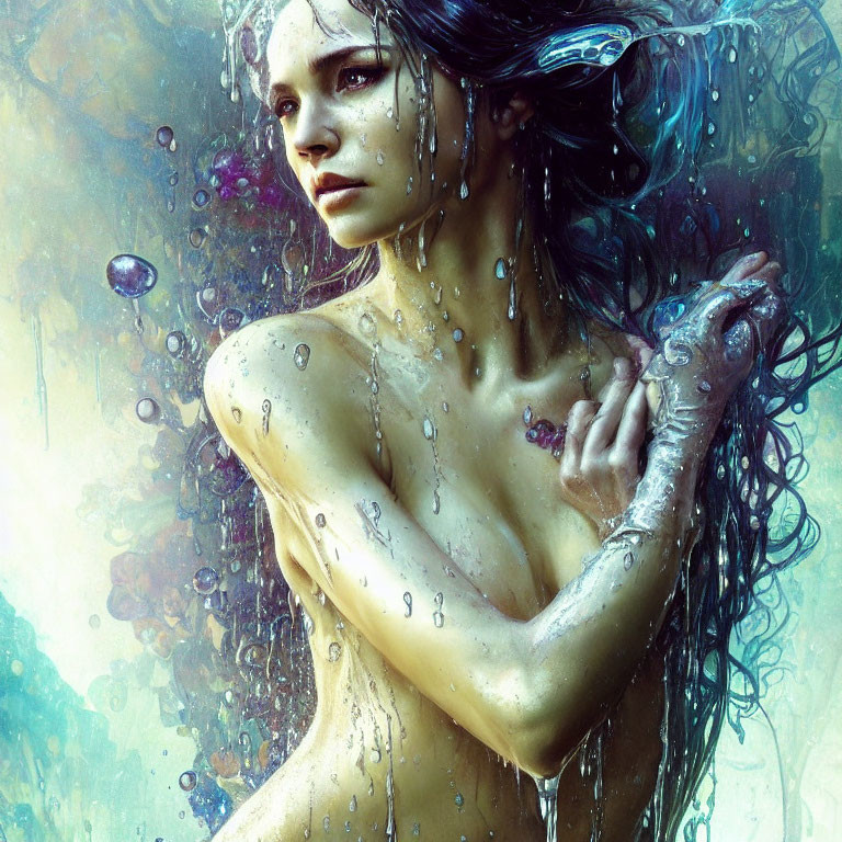 Woman emerging from water with aquatic elements in fantastical painting