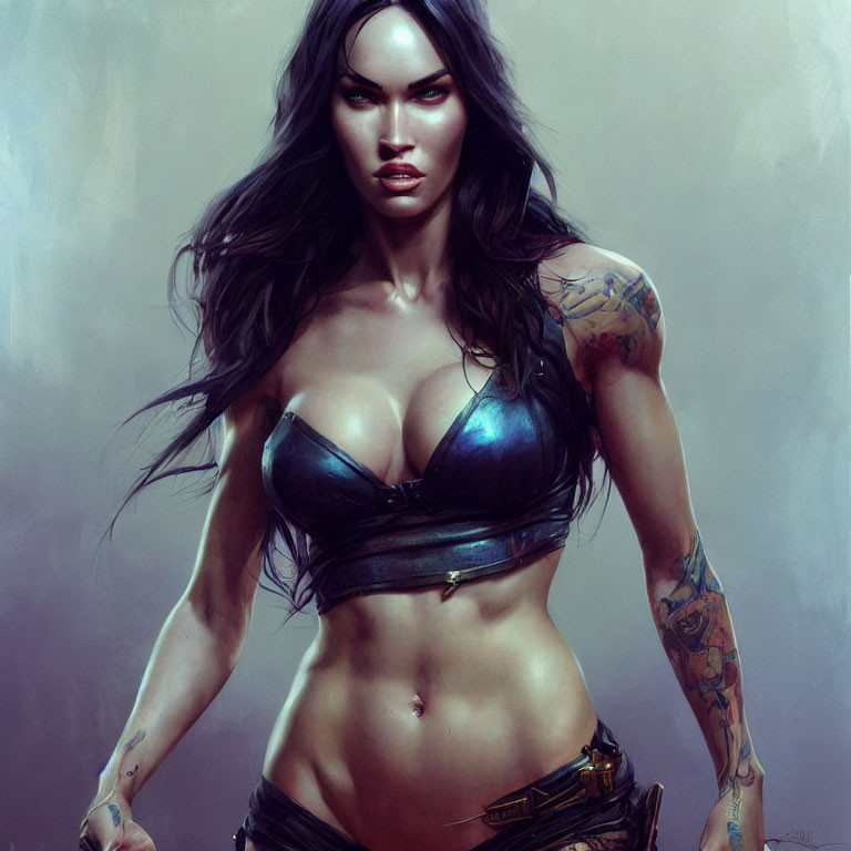 Illustration of a dark-haired woman with tattoos in a cropped top.