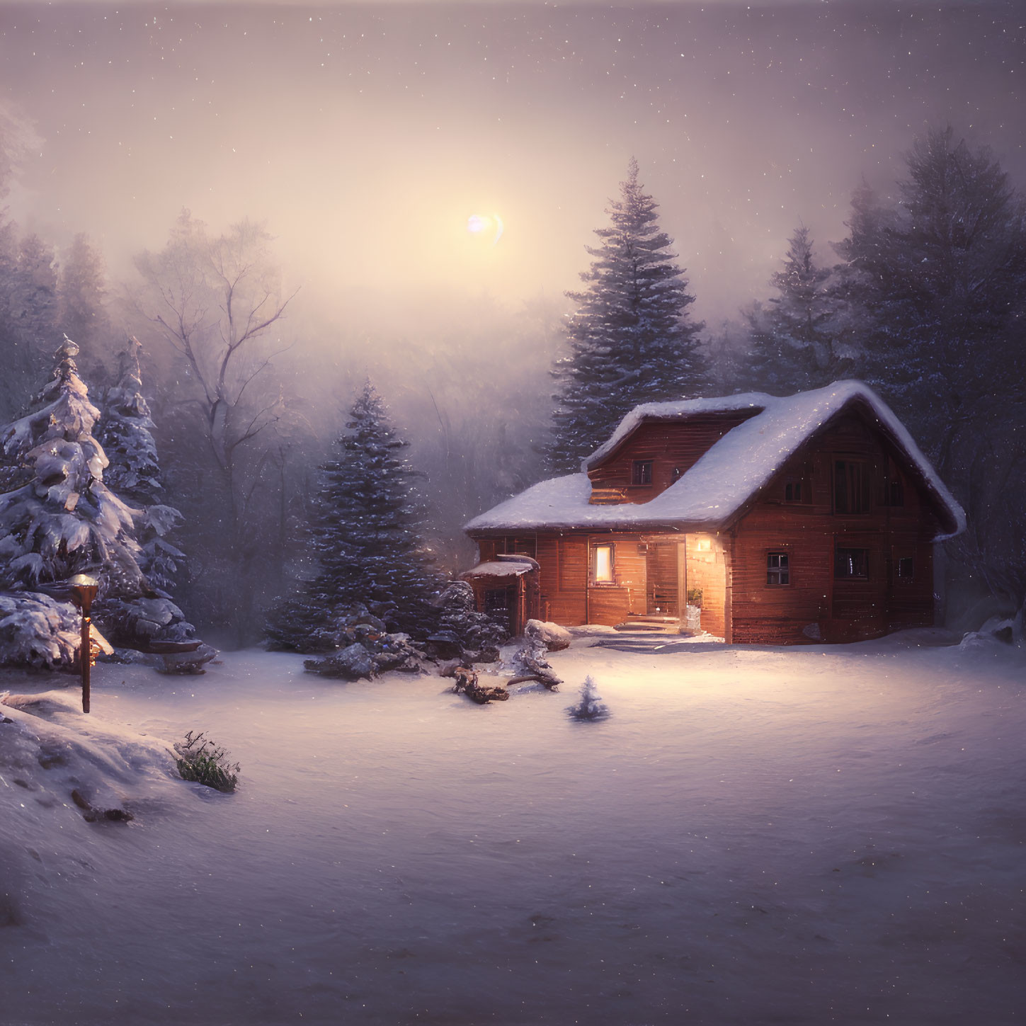 Snow-covered cabin nestled among pine trees under moonlit sky