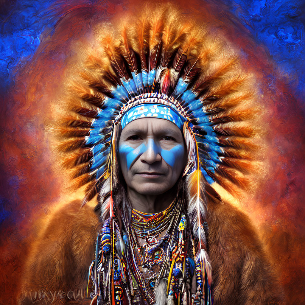 Colorful Native American Headdress on Person Against Artistic Background