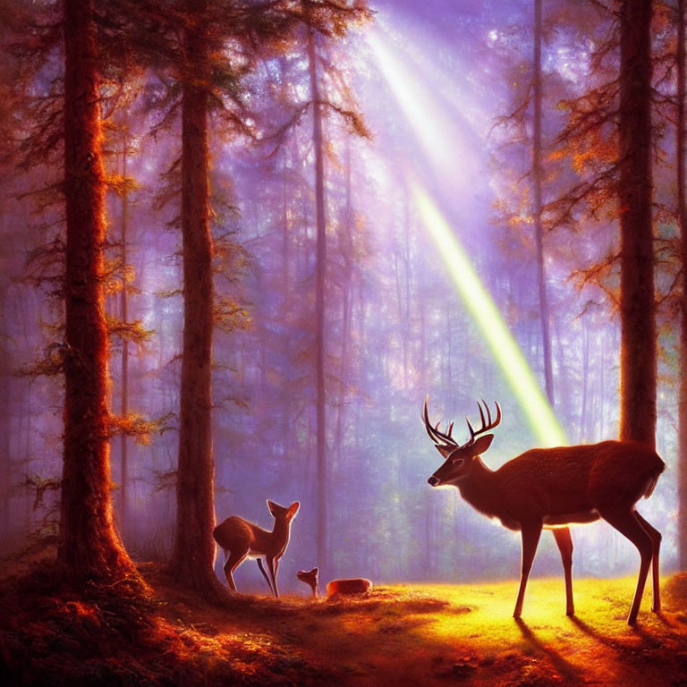 Majestic stag and doe in mystical forest with sunbeams filtering through tall trees