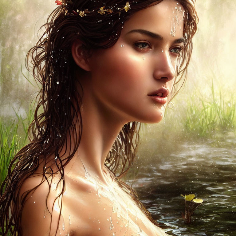 Tranquil woman with wet hair in nature by water