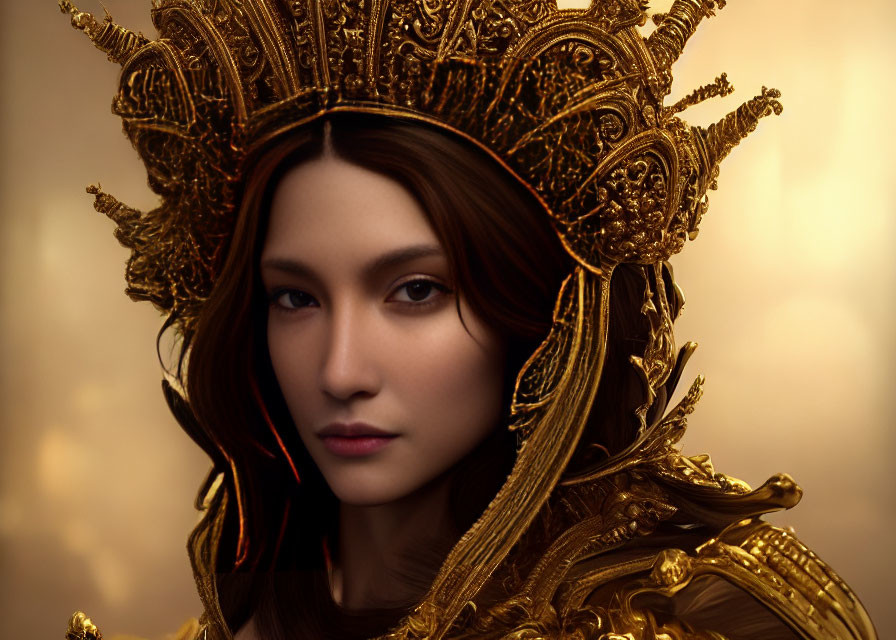 Regal woman in golden headdress and armor on warm background