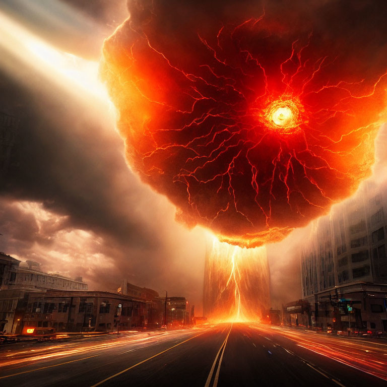 Cityscape engulfed in fiery explosion, casting eerie light over empty streets