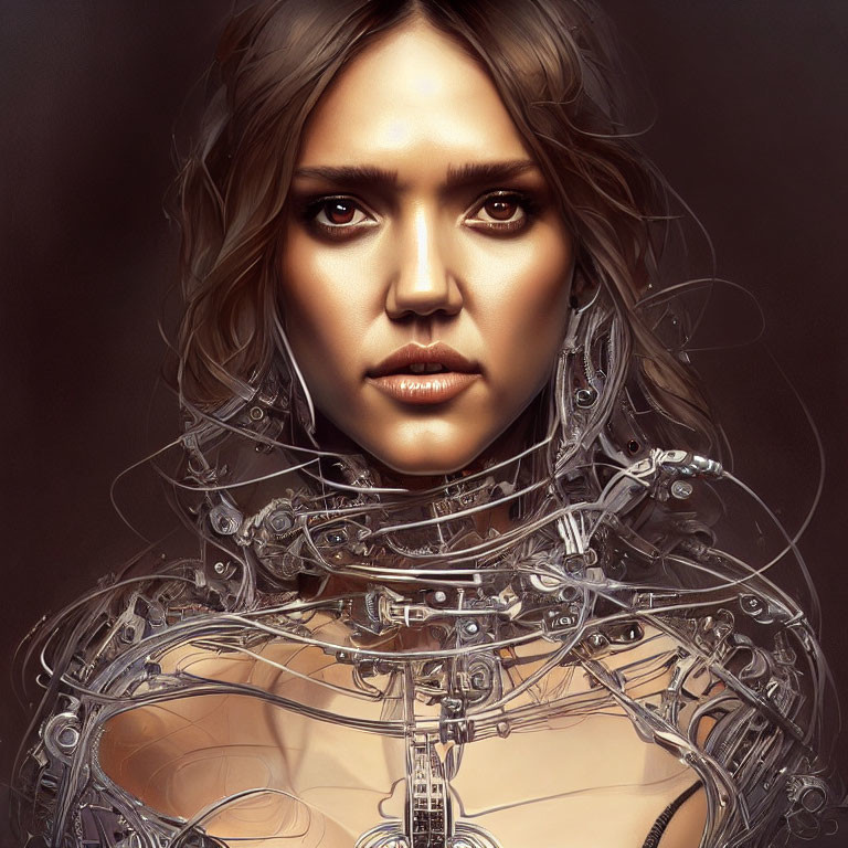 Digital artwork: Female figure with mechanical neck on brown background