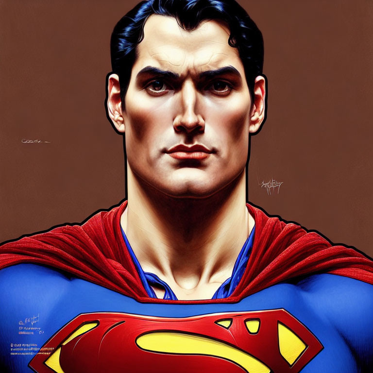 Superman illustration: 'S' logo, red cape, blue suit, confident expression