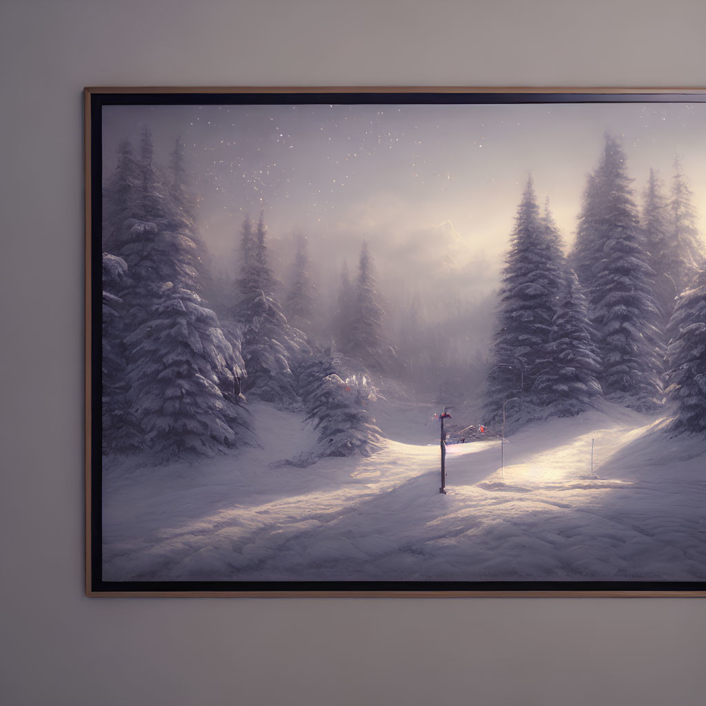 Snowy landscape at dusk with tall trees and person holding light source under starry sky