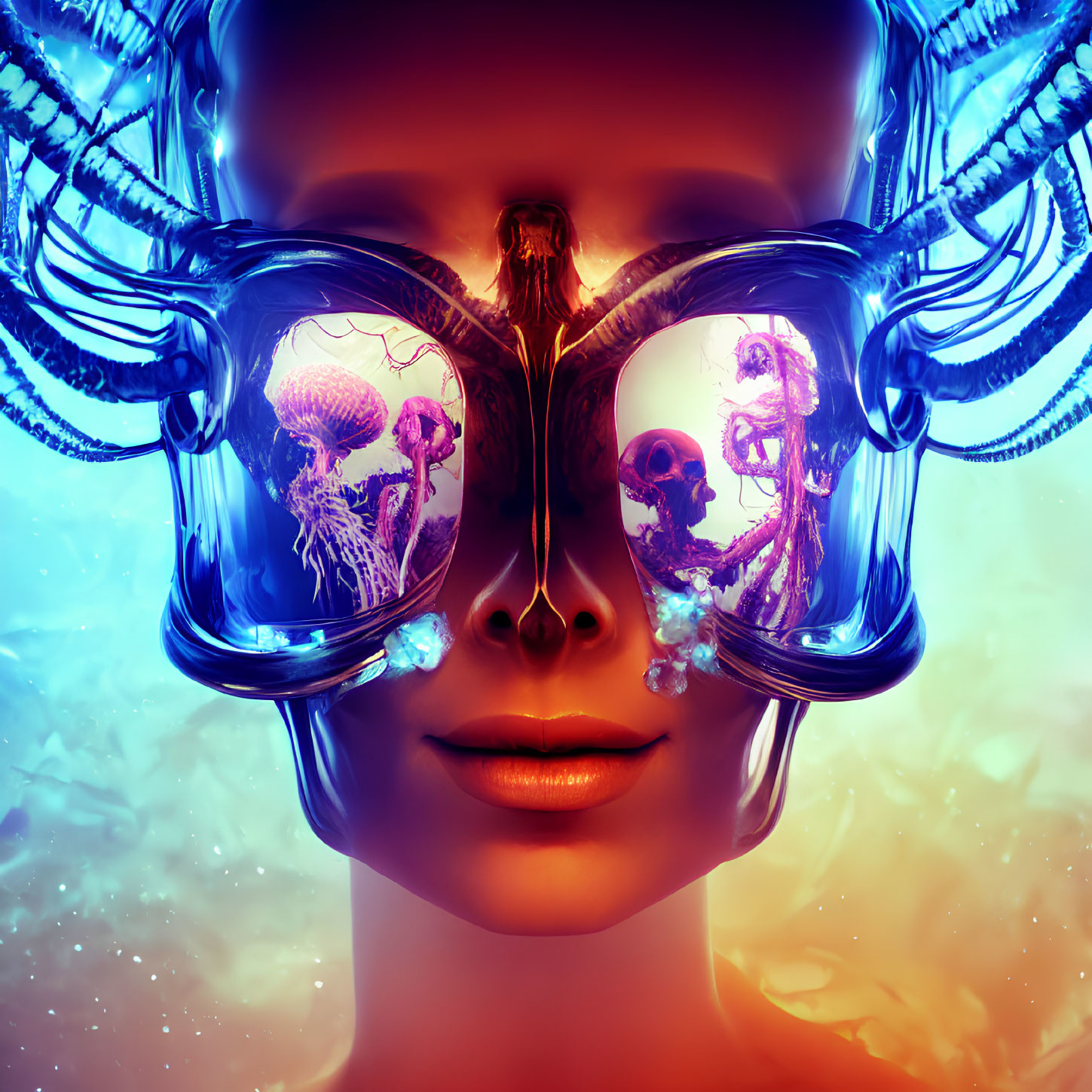 Surreal portrait featuring oversized glasses with jellyfish and seahorses.