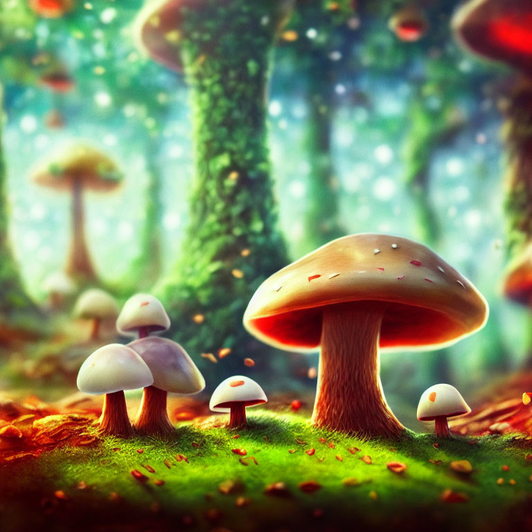 Fantasy forest scene with glowing mushrooms and dreamlike ambiance