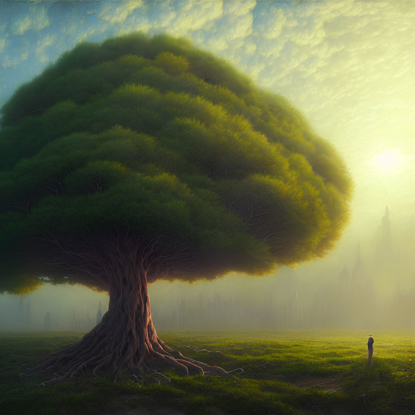 Solitary figure under giant tree in misty landscape at sunrise or sunset
