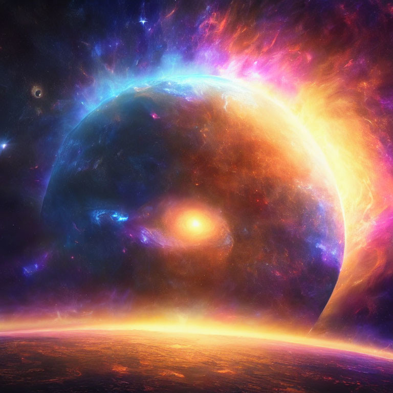 Colorful space scene with large planet and glowing horizon against cosmic backdrop