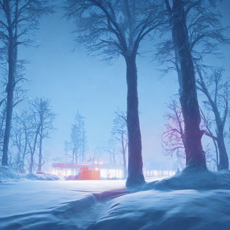 Winter Dusk Scene: Snowy Landscape, Tall Trees, Red Streetcar Glow