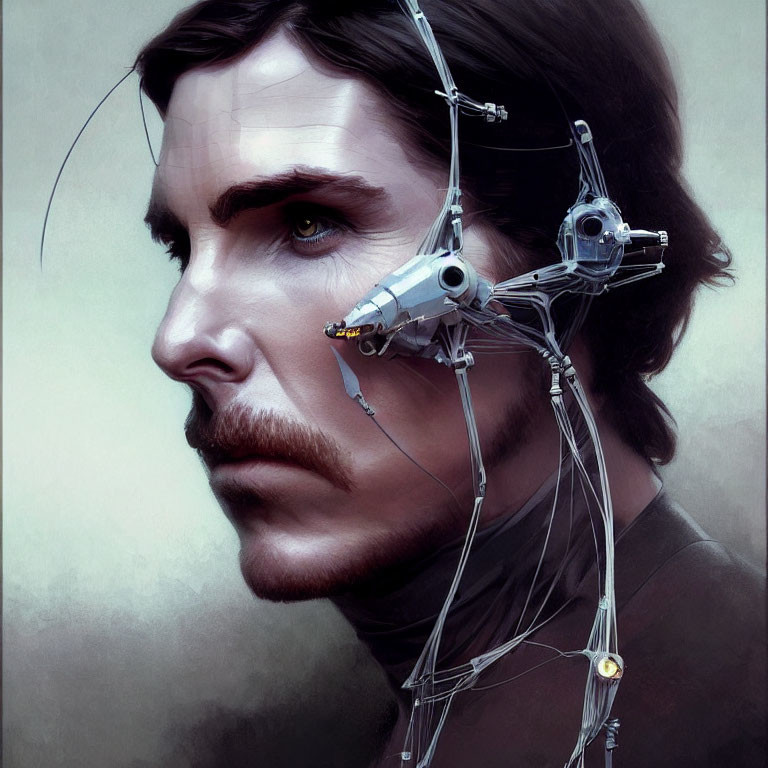 Digital artwork featuring man with mechanical ear implant