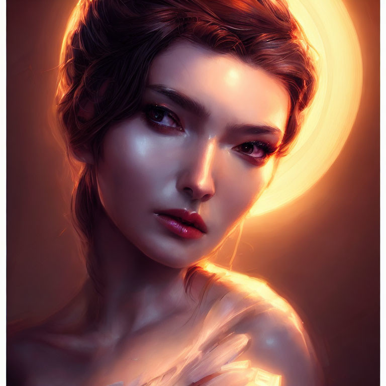 Digital portrait of woman with glowing skin and dark eyes against warm, luminous background